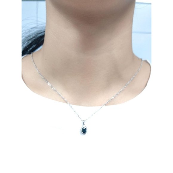 Halo Diamond Blue Sapphire Oval Pendant White Gold